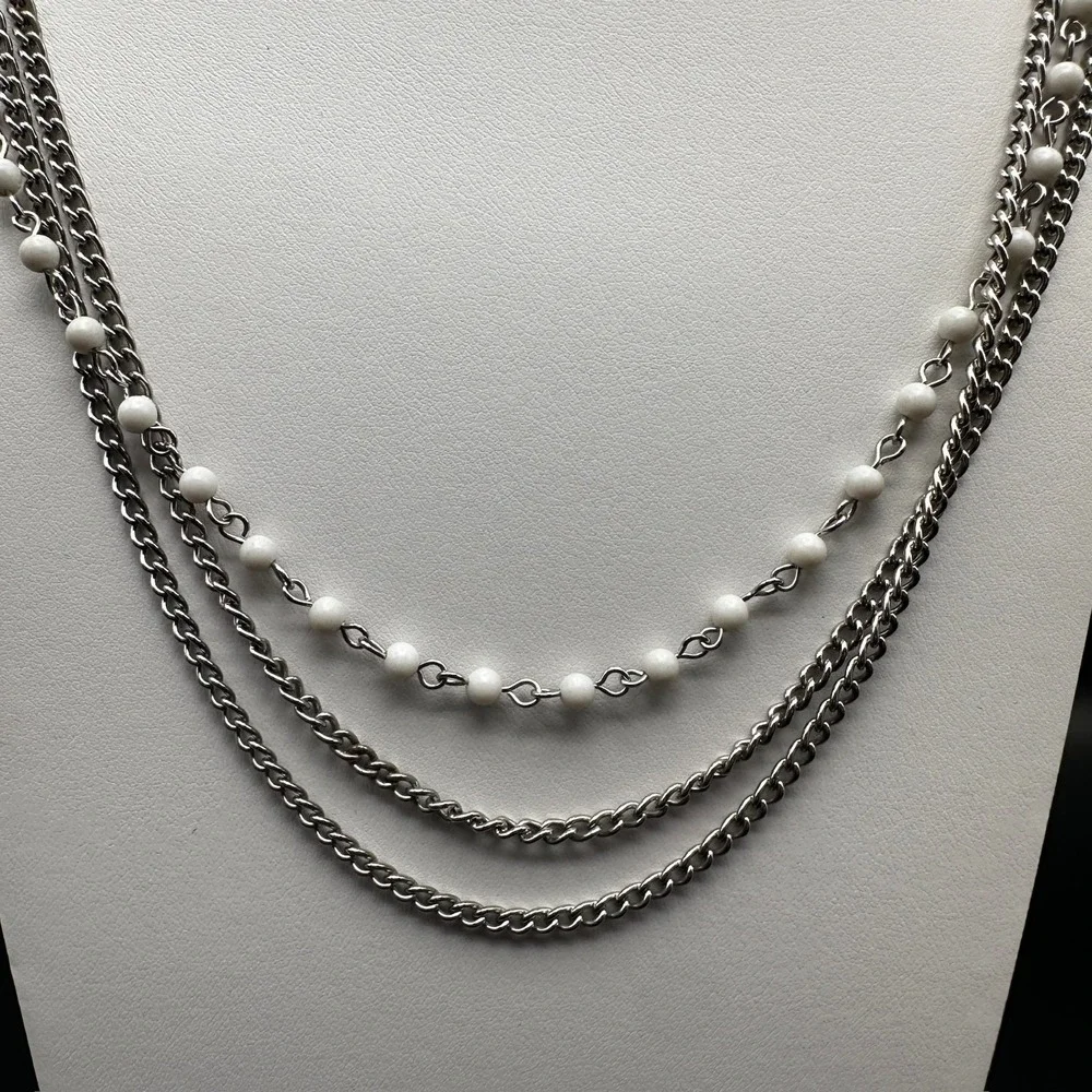 Vintage 90s White Bead Multi Strand Silver Tone Chain Necklace Layered Jewelry